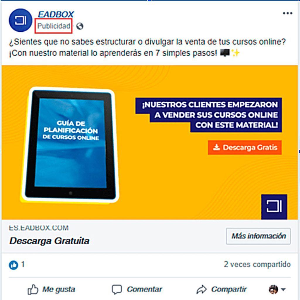 Ejemplo de publicidad en redes sociales Facebook